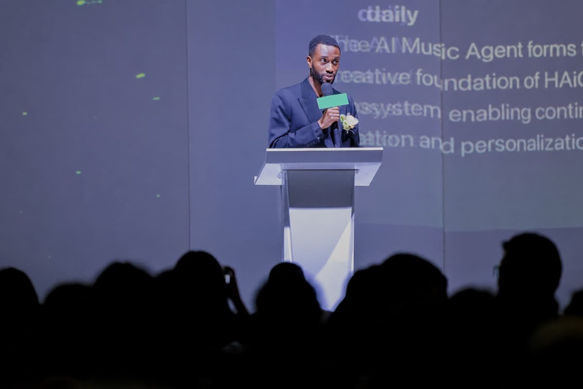 Joel Roberts presenting an AI music ecosystem and value-exchange model
