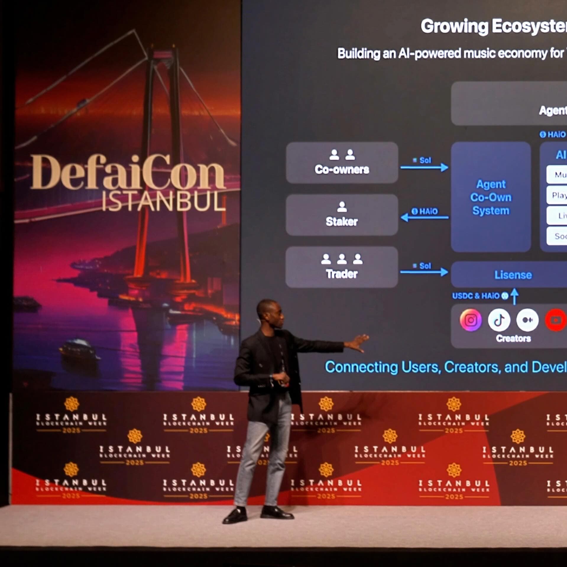 Joel Roberts presenting an AI-powered music ecosystem at DefaiCon during Istanbul Blockchain Week 2025